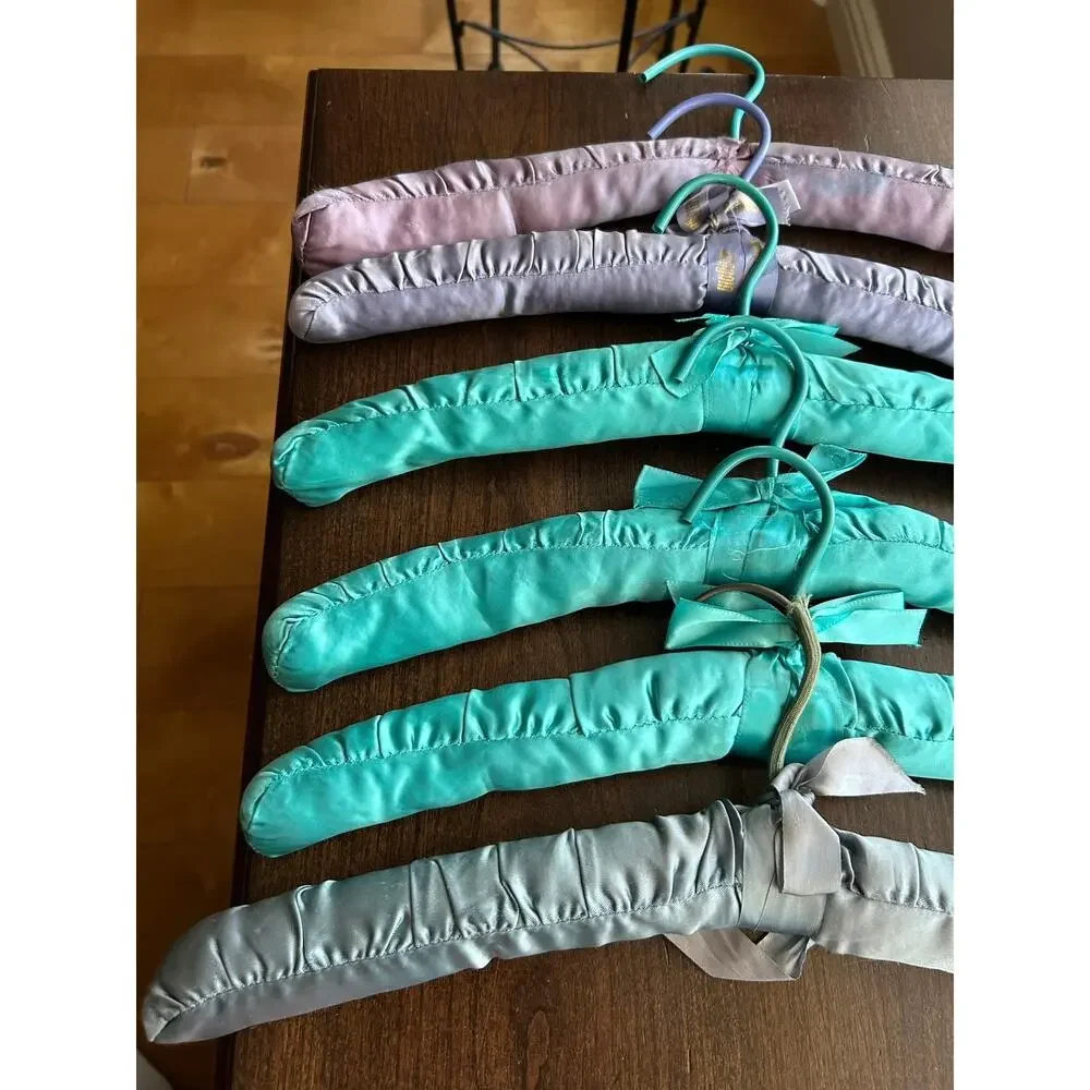 6 Vintage satin padded clothes hangers ribbon bows purple, turquoise, silver